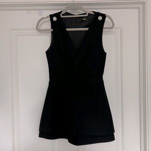 Maje - Black V-Neck Romper with Faux Diamond Studs